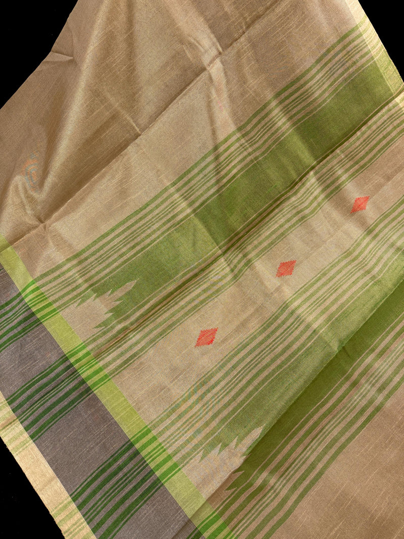 Handwoven Statement Greenish Gold Pure Tussar Tissue Saree with Temple Border | Ships from California