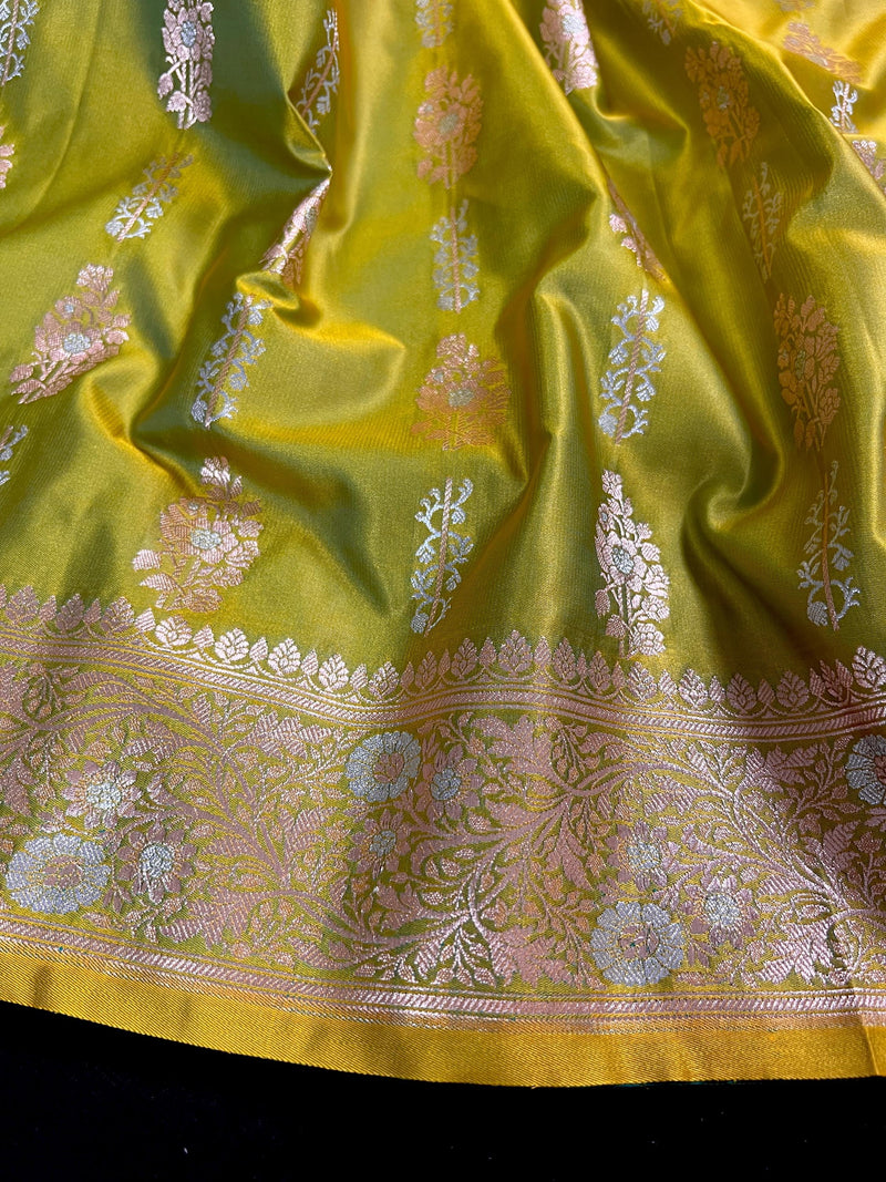 Dual Tone of Mehndi Green Banarasi Butter Soft Silk in Gold and Sliver Zari with Floral Design