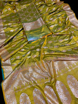 Dual Tone of Mehndi Green Banarasi Butter Soft Silk in Gold and Sliver Zari with Floral Design