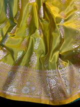 Dual Tone of Mehndi Green Banarasi Butter Soft Silk in Gold and Sliver Zari with Floral Design