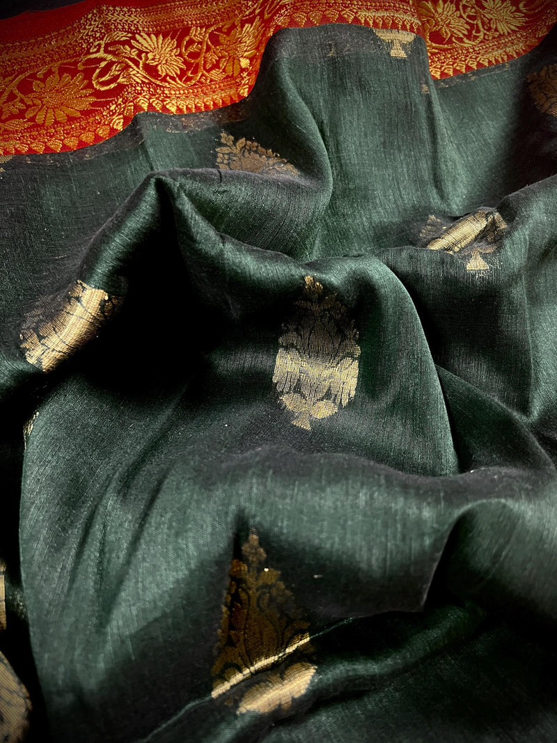 Handmade Pine Green Color Saree in Linen blend with Cotton Silk Handloom Saree with Zari Weave