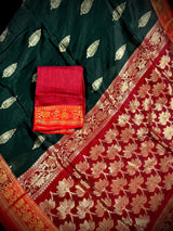 Handmade Pine Green Color Saree in Linen blend with Cotton Silk Handloom Saree with Zari Weave