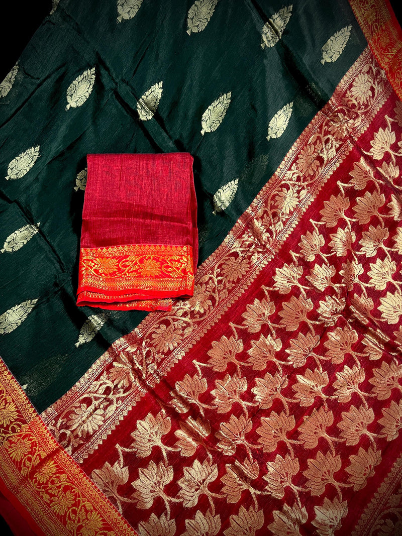 Handmade Pine Green Color Saree in Linen blend with Cotton Silk Handloom Saree with Zari Weave