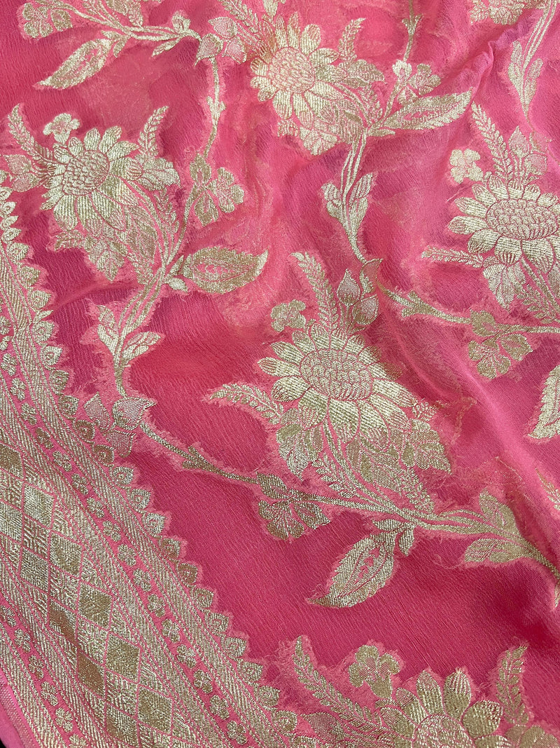 Watermelon Pink Color Pure Khaddi Georgette Banarasi Silk Saree | Baby Pink Color Saree | SILK MARK CERTIFIED