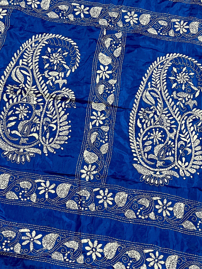 Royal Blue Color Bangalori Silk Saree with Hand Kantha Stitch | Handwoven Kantha Stitch Sarees | Kantha Saress | Silk Sarees | Bengal Sarees