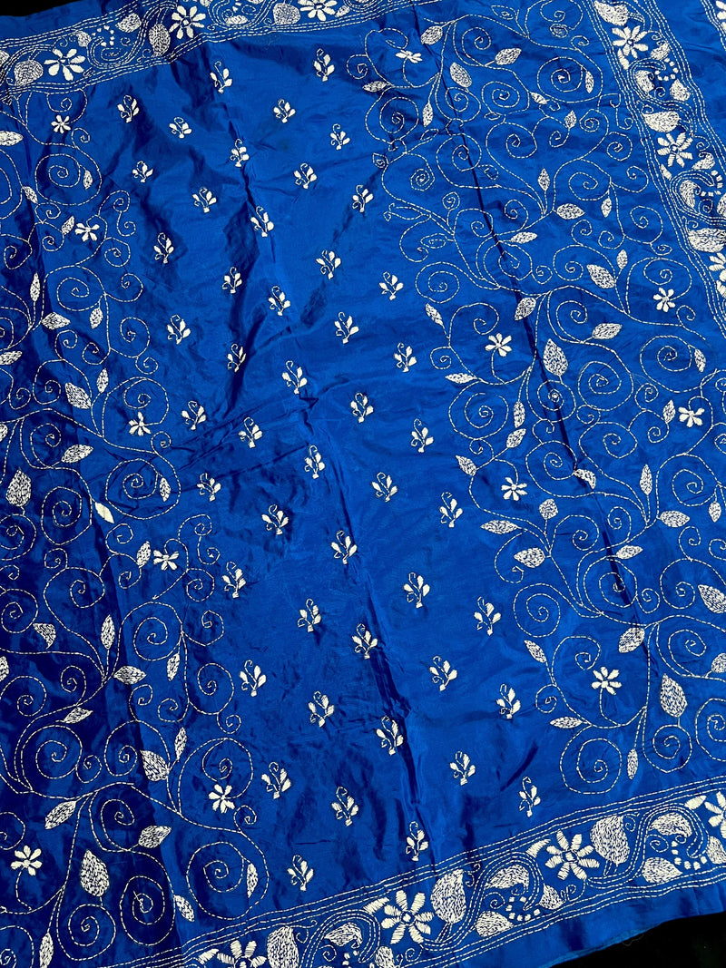 Royal Blue Color Bangalori Silk Saree with Hand Kantha Stitch | Handwoven Kantha Stitch Sarees | Kantha Saress | Silk Sarees | Bengal Sarees