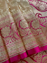 Gold Color Saree with Hot Pink Border Traditional Banarasi Satin Silk Saree with Muted Gold Zari Floral Jaal Weave