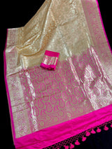 Gold Color Saree with Hot Pink Border Traditional Banarasi Satin Silk Saree with Muted Gold Zari Floral Jaal Weave