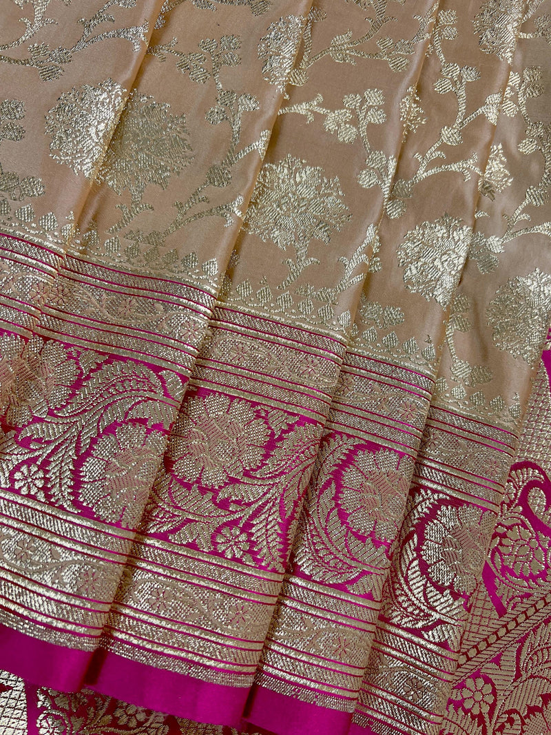 Gold Color Saree with Hot Pink Border Traditional Banarasi Satin Silk Saree with Muted Gold Zari Floral Jaal Weave