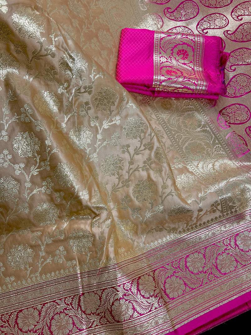 Gold Color Saree with Hot Pink Border Traditional Banarasi Satin Silk Saree with Muted Gold Zari Floral Jaal Weave