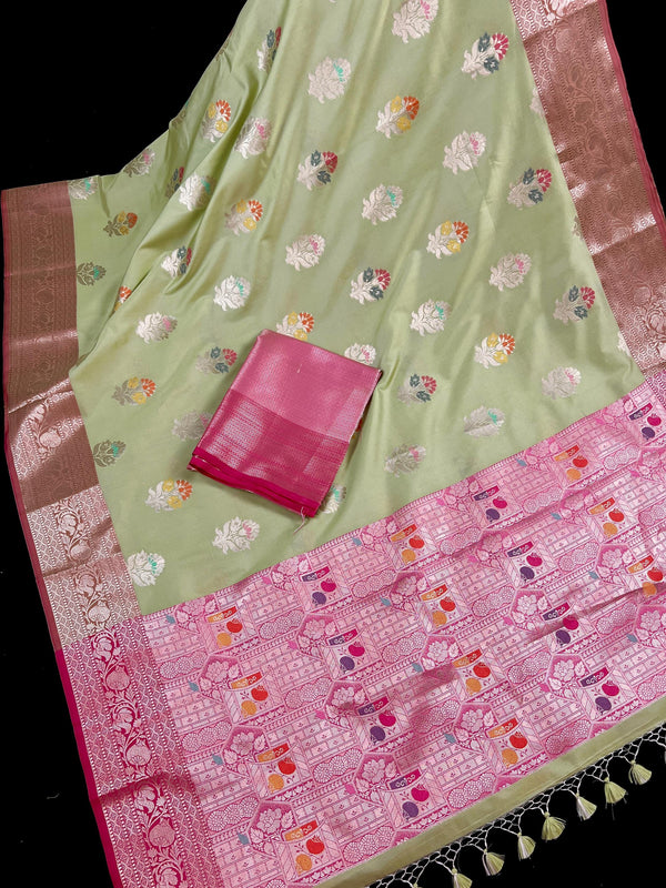 Statement Handmade Sage Green Color Banarasi Semi Katan Silk Saree with Meenakari and Muted Gold Zari Weave with Pink Border