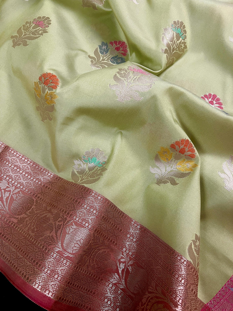 Statement Handmade Sage Green Color Banarasi Semi Katan Silk Saree with Meenakari and Muted Gold Zari Weave with Pink Border