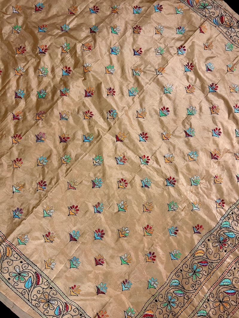 Beige Gold Color Kantha Stitch Saree  - Bangalori Silk Saree  - Handwoven Kantha Stitch Saree - Multi Color - Kantha Stitch Silk Saree