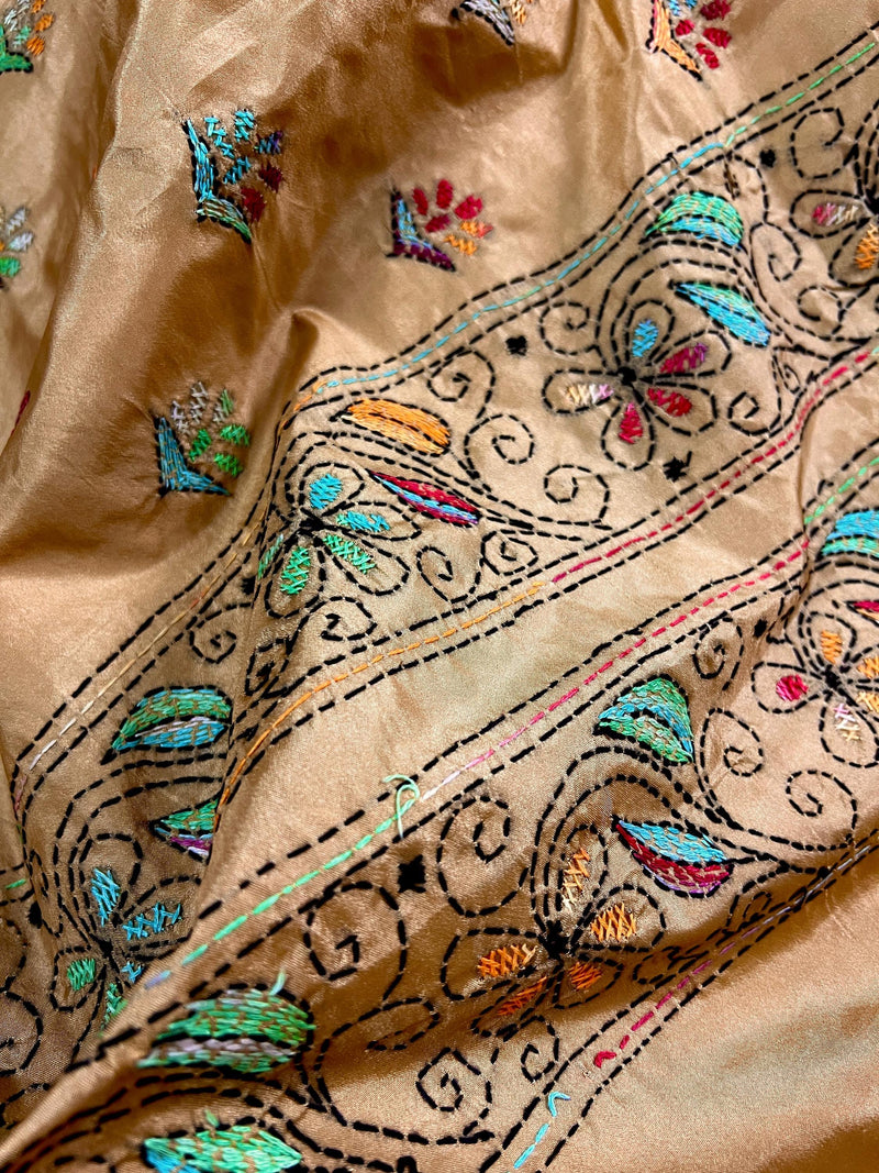 Beige Gold Color Kantha Stitch Saree  - Bangalori Silk Saree  - Handwoven Kantha Stitch Saree - Multi Color - Kantha Stitch Silk Saree