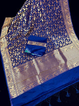 Royal Blue with Copper Muted Gold Zari Weaved Banarasi Silk Shikargah Saree - view 9 | Saree | Kaash Collection