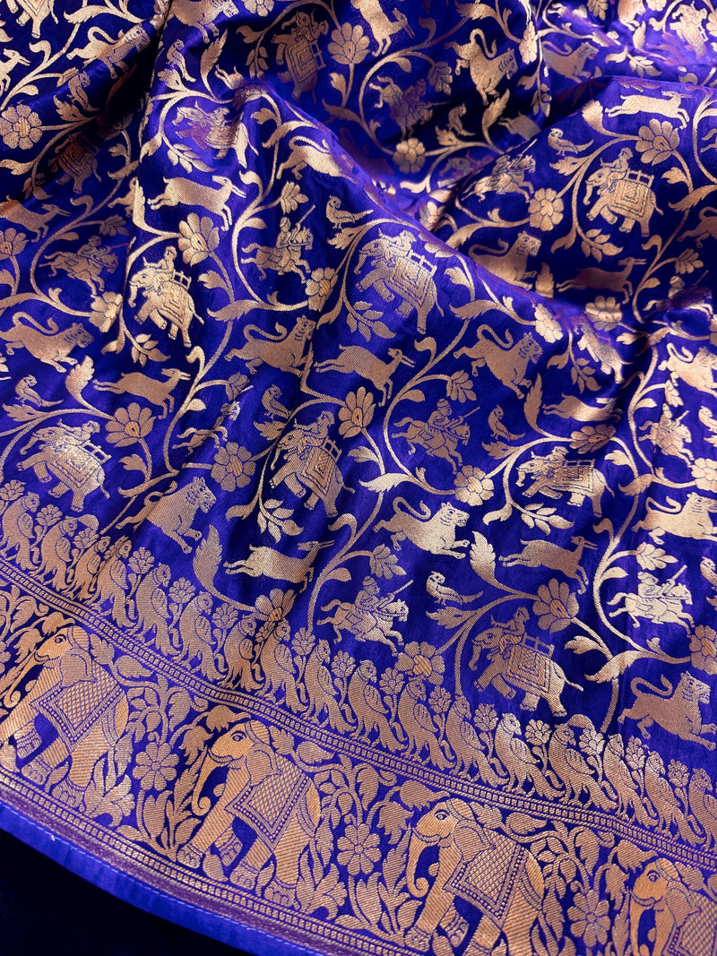 Royal Blue with Copper Muted Gold Zari Weaved Banarasi Silk Shikargah Saree | Saree | Kaash Collection