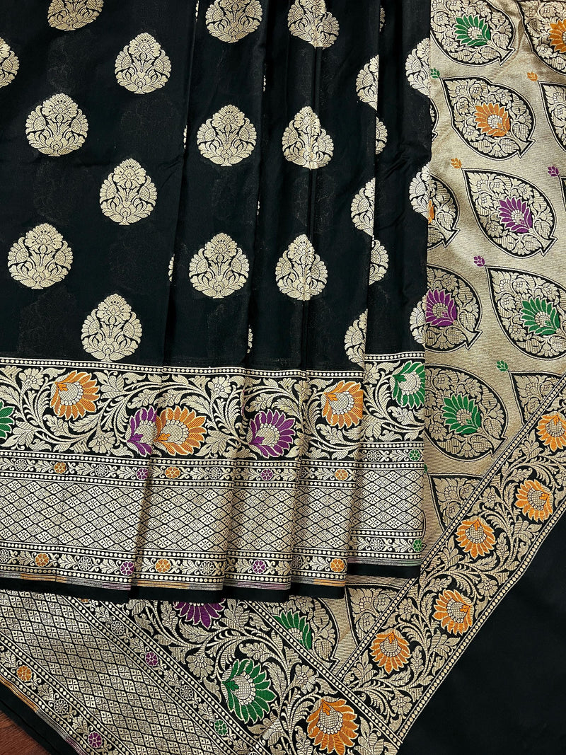 Black Color Traditional Banarasi Handloom Sari with Paithani Style Floral Borders with Meenakari Borders | Soft Silk Saree