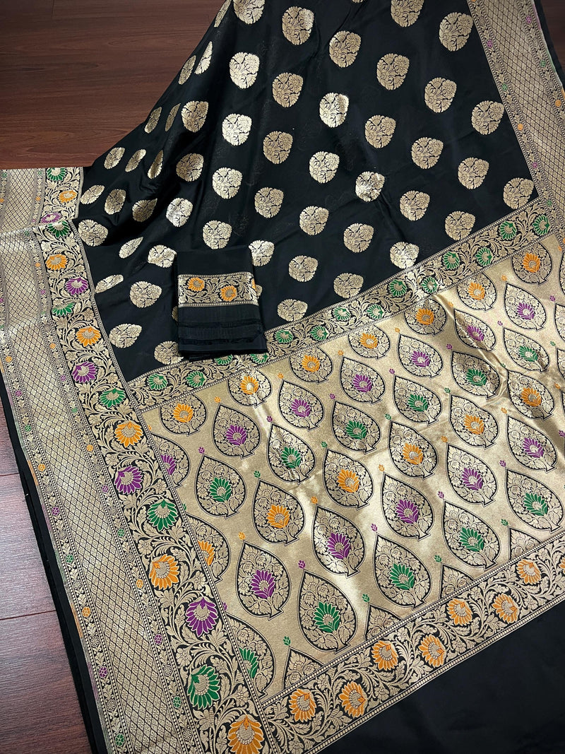 Black Color Traditional Banarasi Handloom Sari with Paithani Style Floral Borders with Meenakari Borders | Soft Silk Saree