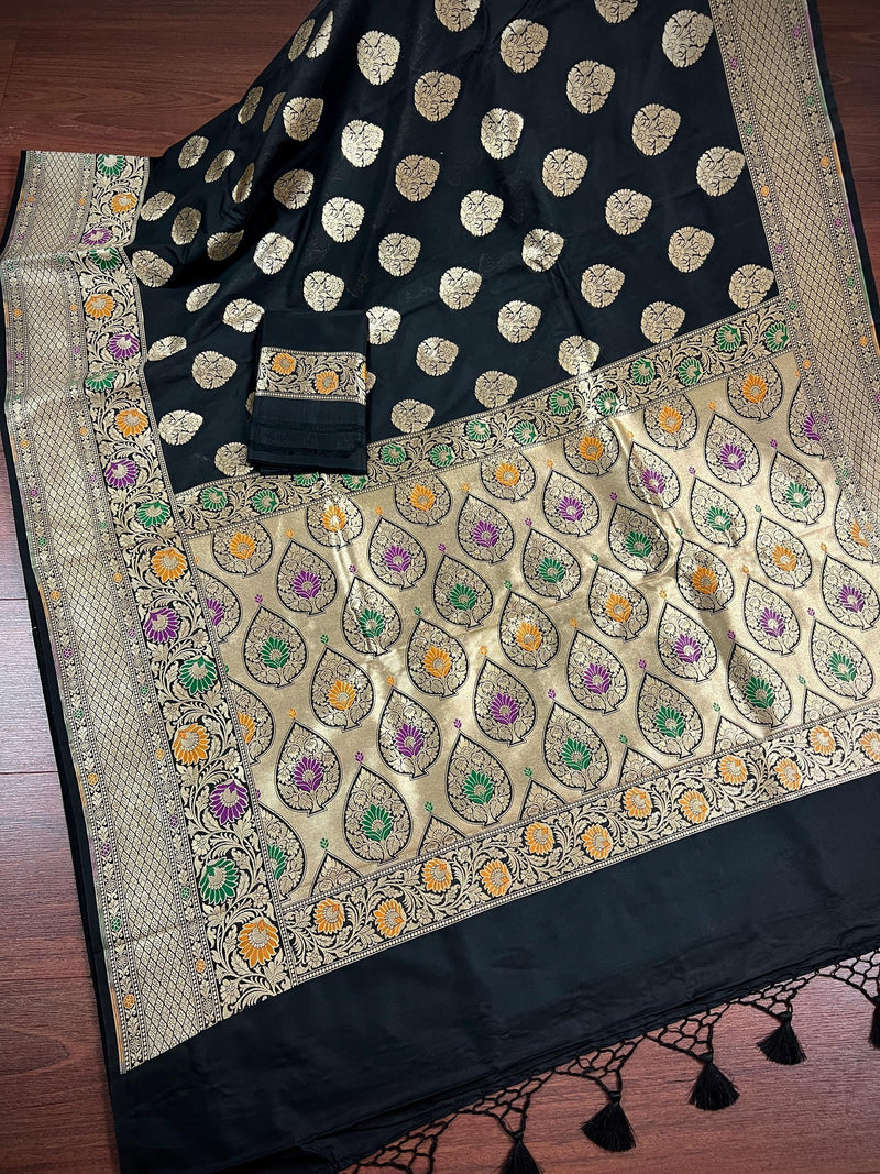 Black Color Traditional Banarasi Handloom Sari with Paithani Style Floral Borders with Meenakari Borders | Soft Silk Saree