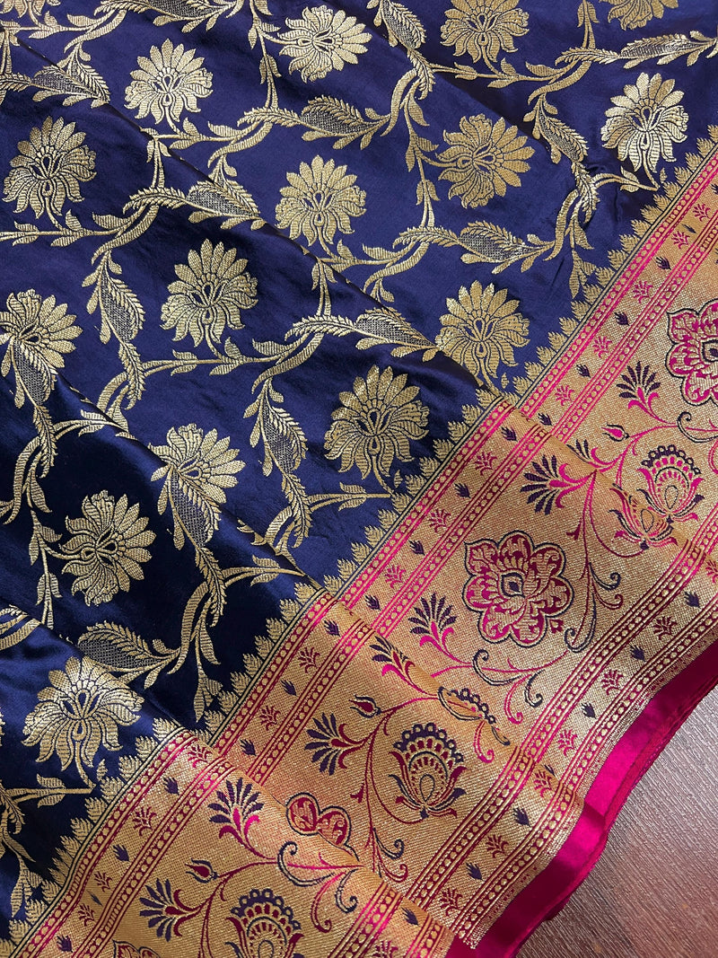 Blue and Hot Pink Color Traditional Banarasi Satin Silk Saree with Gold Zari Jaal Weave