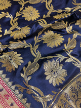 Blue and Hot Pink Color Traditional Banarasi Satin Silk Saree with Gold Zari Jaal Weave