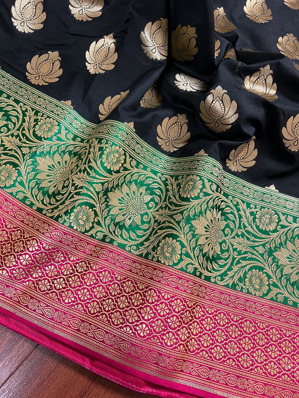 Black Color Traditional Banarasi Silk Handloom Saree with Wide Border | Meenakari and Satin Patta Border