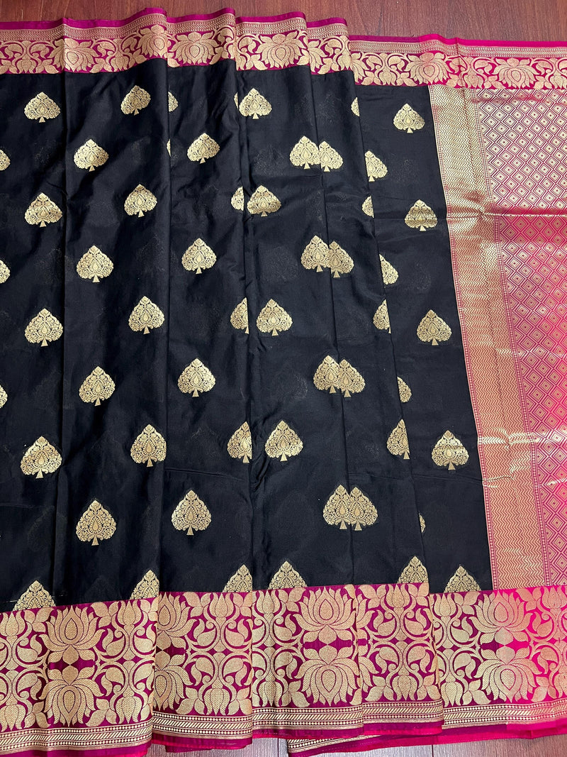 Black with Magenta Pink combination Traditional Banarasi Semi Katan Handloom Saree with Lotus Borders | Silk Saree