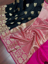 Black with Magenta Pink combination Traditional Banarasi Semi Katan Handloom Saree with Lotus Borders | Silk Saree