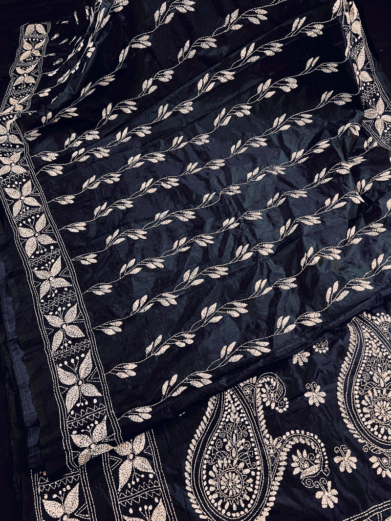 Navy Blue Color Bangalori Silk Saree with Hand Kantha Stitch | Handwoven Kantha Stitch Sarees | Kantha Saress | Bengal Sarees