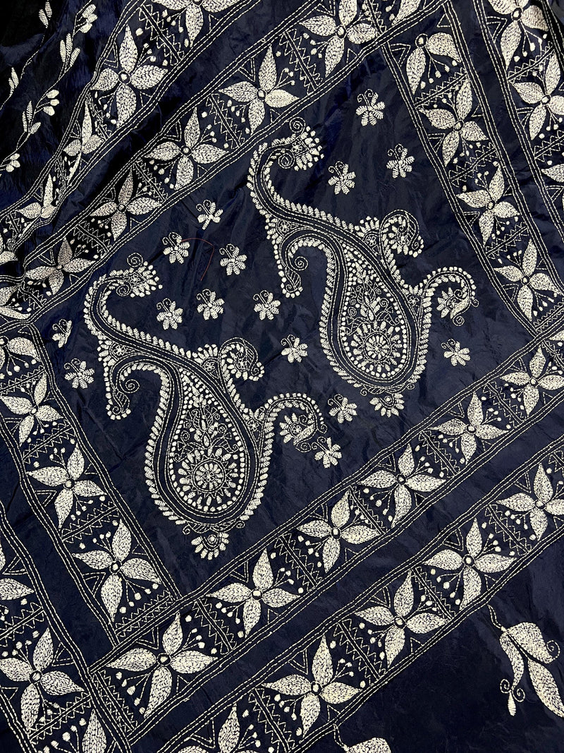 Navy Blue Color Bangalori Silk Saree with Hand Kantha Stitch | Handwoven Kantha Stitch Sarees | Kantha Saress | Bengal Sarees