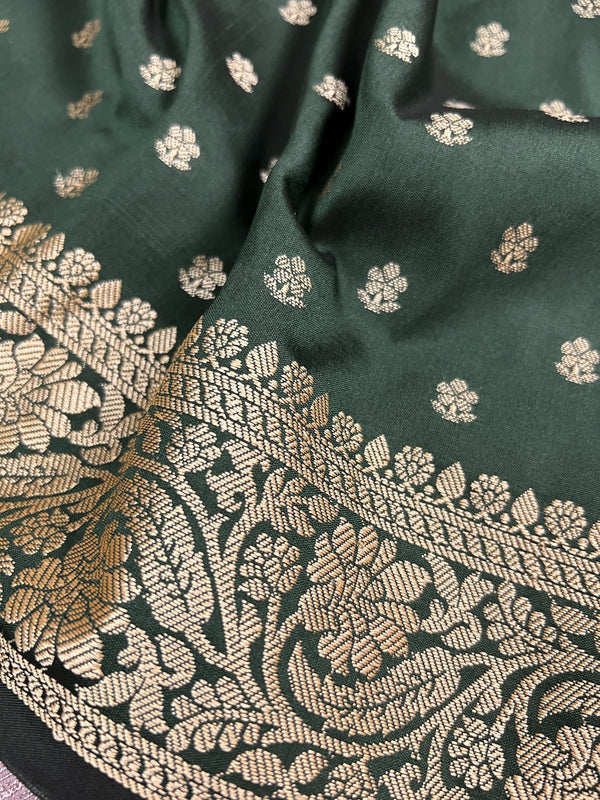 Handmade Pine Green Color Soft Silk Saree - Muted Gold Resham Zari Weave  - Brocade Blouse - Light Weight Easy Drape Saree - Gift For Her