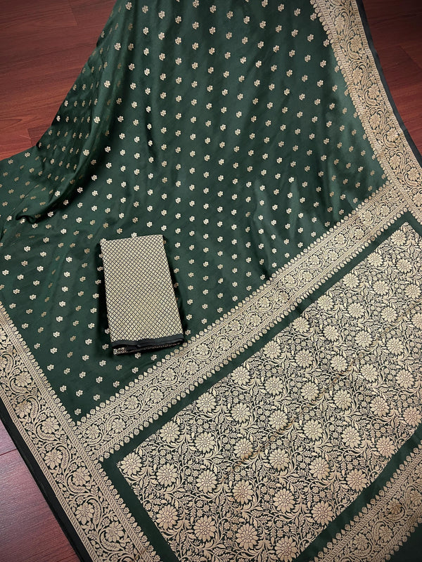 Handmade Pine Green Color Soft Silk Saree - Muted Gold Resham Zari Weave  - Brocade Blouse - Light Weight Easy Drape Saree - Gift For Her