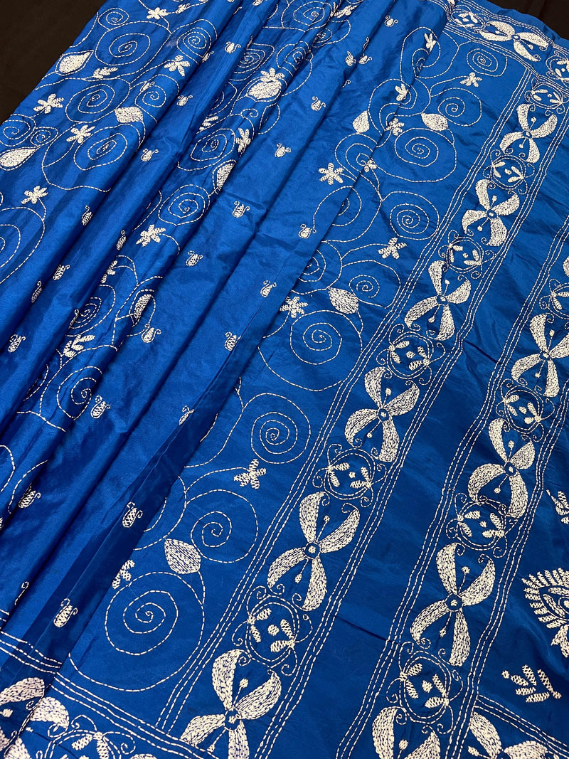 Bangalori Silk Saree with Hand Kantha Stitch in Royal Blue Color | Handwoven Kantha Stitch Sarees | Kantha Saress | Silk Sarees