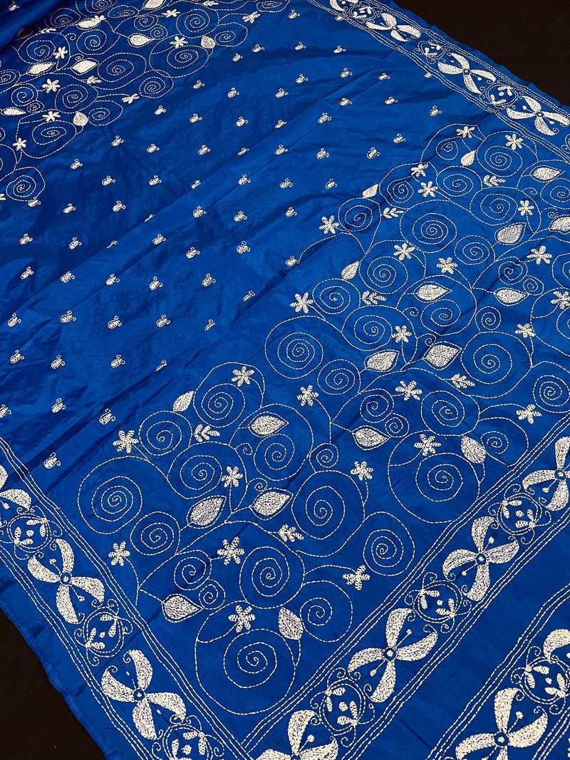 Bangalori Silk Saree with Hand Kantha Stitch in Royal Blue Color | Handwoven Kantha Stitch Sarees | Kantha Saress | Silk Sarees