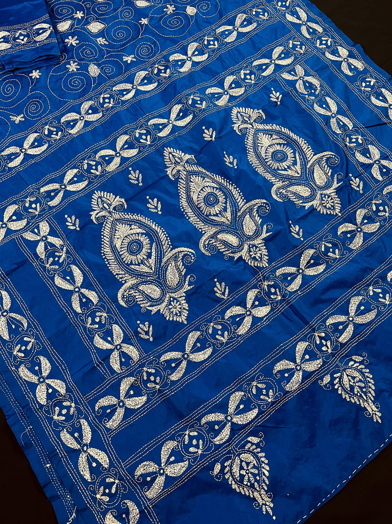 Bangalori Silk Saree with Hand Kantha Stitch in Royal Blue Color | Handwoven Kantha Stitch Sarees | Kantha Saress | Silk Sarees