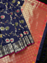 Statement Handmade Navy Blue Color Banarasi Semi Katan Silk Saree with Meenakari and Muted Gold Zari Weave