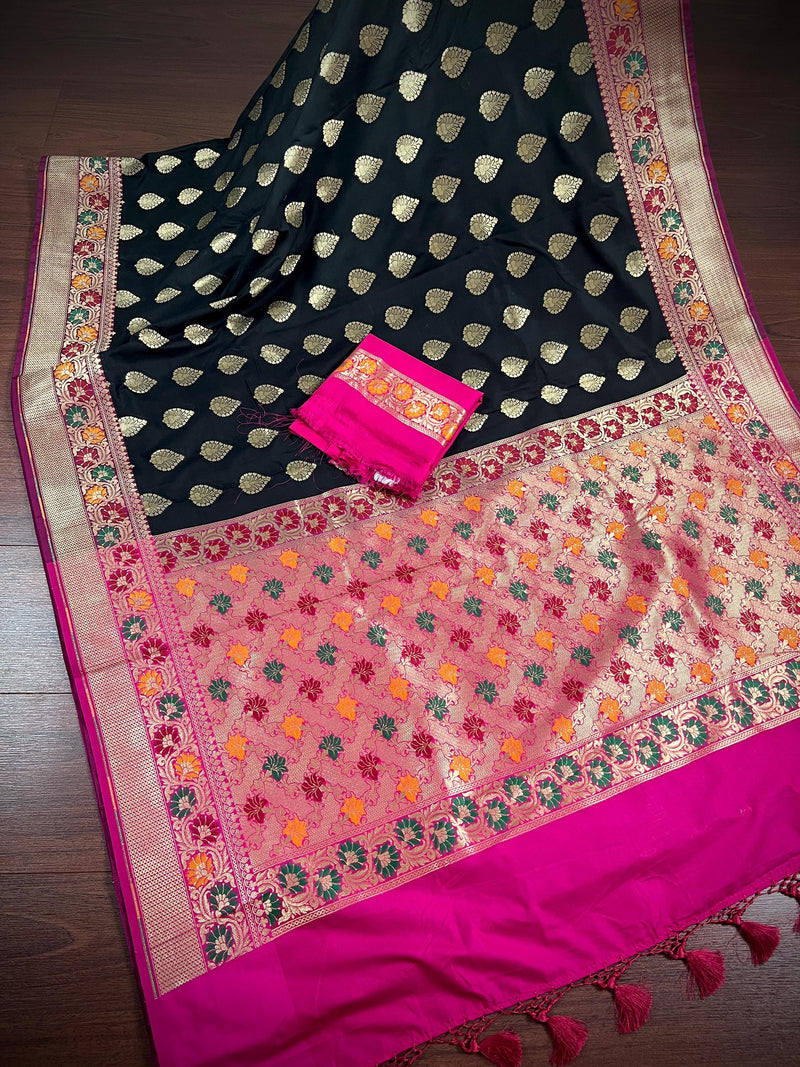 Black Color Traditional Banarasi Silk Handloom Saree with Paithani Border and Pallu | Meenakari Work | Black and Hot Pink Combination Saree