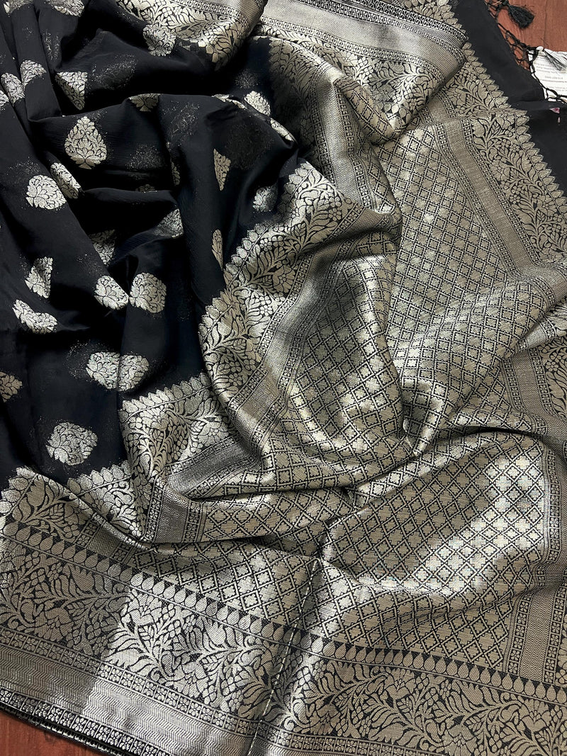 Black Banarasi Semi Chiffon Georgette Silk Saree with Muted Sliver Zari Weave | Floral Pattern