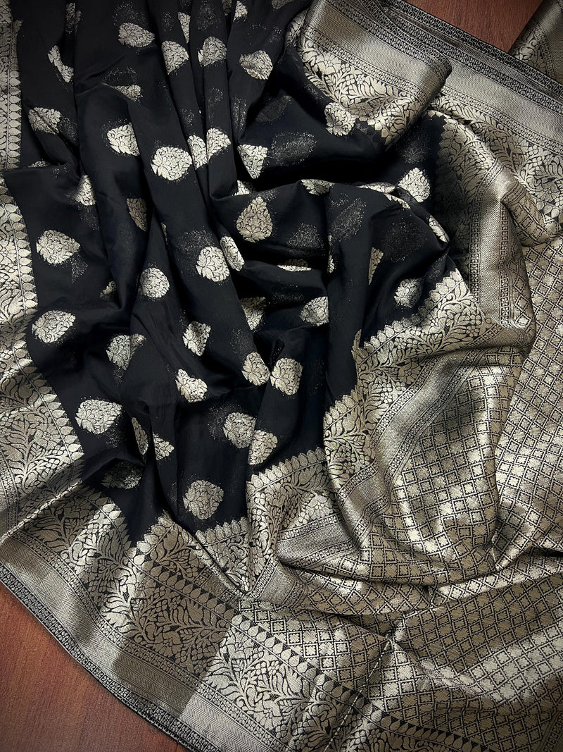 Black Banarasi Semi Chiffon Georgette Silk Saree with Muted Sliver Zari Weave | Floral Pattern