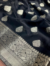 Black Banarasi Semi Chiffon Georgette Silk Saree with Muted Sliver Zari Weave | Floral Pattern