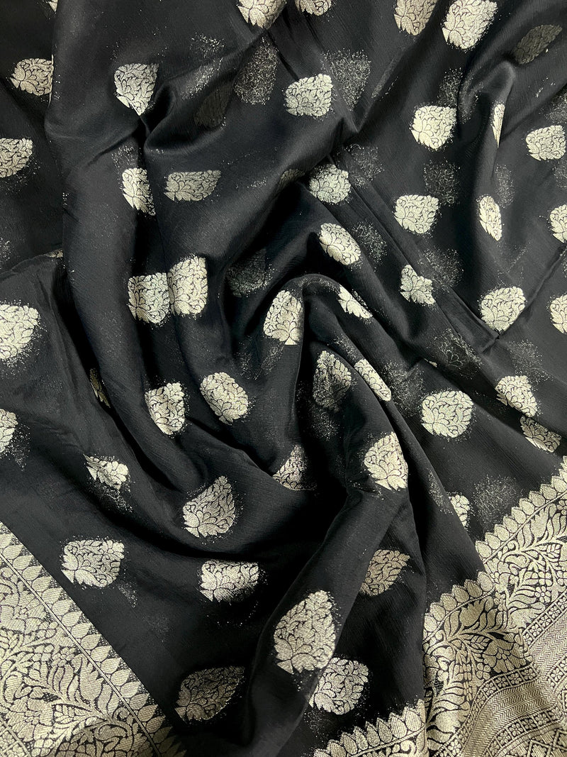 Black Banarasi Semi Chiffon Georgette Silk Saree with Muted Sliver Zari Weave | Floral Pattern