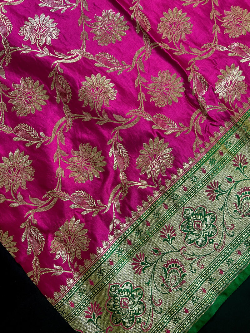 Hot Pink Color Traditional Banarasi Satin Silk Saree with Muted Gold Zari Floral Jaal Weave