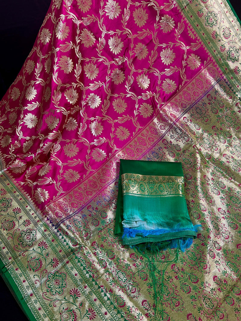 Hot Pink Color Traditional Banarasi Satin Silk Saree with Muted Gold Zari Floral Jaal Weave