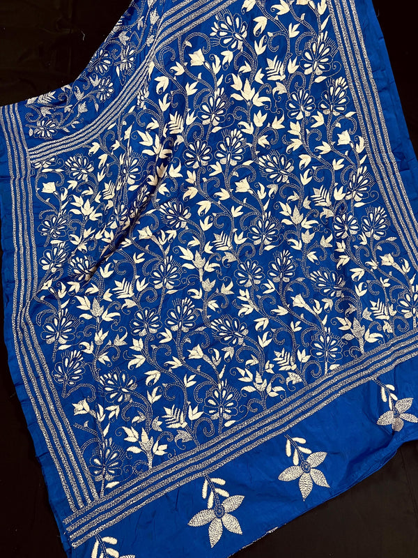 Royal Blue Color Bangalori Silk Saree with Dense Hand Kantha Stitch Work in Floral Pattern | Handwoven Kantha Stitch Saree | Kantha Saree