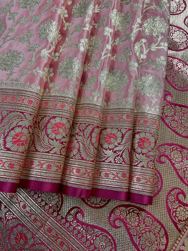 Pastel Rose Pink Color Saree with Hot Pink Border Traditional Banarasi Satin Silk Saree with Muted Gold Zari Floral Jaal Weave