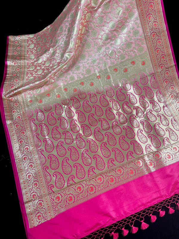 Pastel Rose Pink Color Saree with Hot Pink Border Traditional Banarasi Satin Silk Saree with Muted Gold Zari Floral Jaal Weave