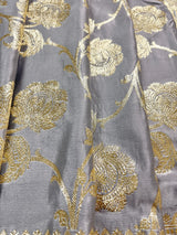 Pastel Gray Color Traditional Banarasi Satin Silk Saree with Muted Gold Zari Floral Jaal Weave