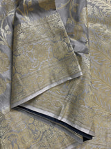 Pastel Gray Color Traditional Banarasi Satin Silk Saree with Muted Gold Zari Floral Jaal Weave