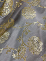 Pastel Gray Color Saree with Hot Pink Border Traditional Banarasi Satin Silk Saree with Muted Gold Zari Floral Jaal Weave