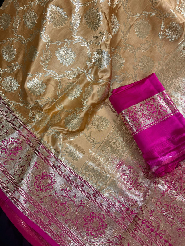 Gold Color with Hot Pink Border Traditional Banarasi Satin Silk Saree with Muted Gold Zari Floral Jaal Weave